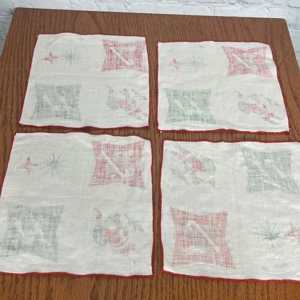 Antique Festive MCM Holiday Napkins set of 4 Red, Green, Gold in retro designs